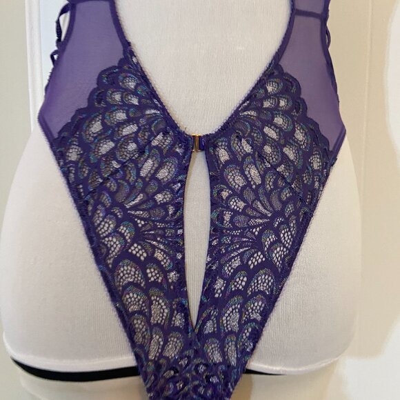 Savage x Fenty Metallic Lace Teddy Bodysuit Grape Purple Small Sheer Criss Cross - Picture 15 of 16
